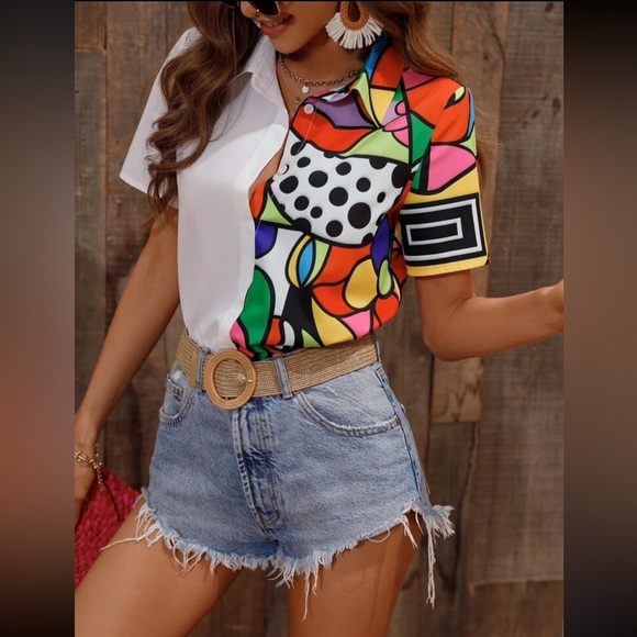 Boho Pop Art Color Block 2 Tone Short Sleeve Button Down Shirt Top Blouse Pink - Picture 4 of 8